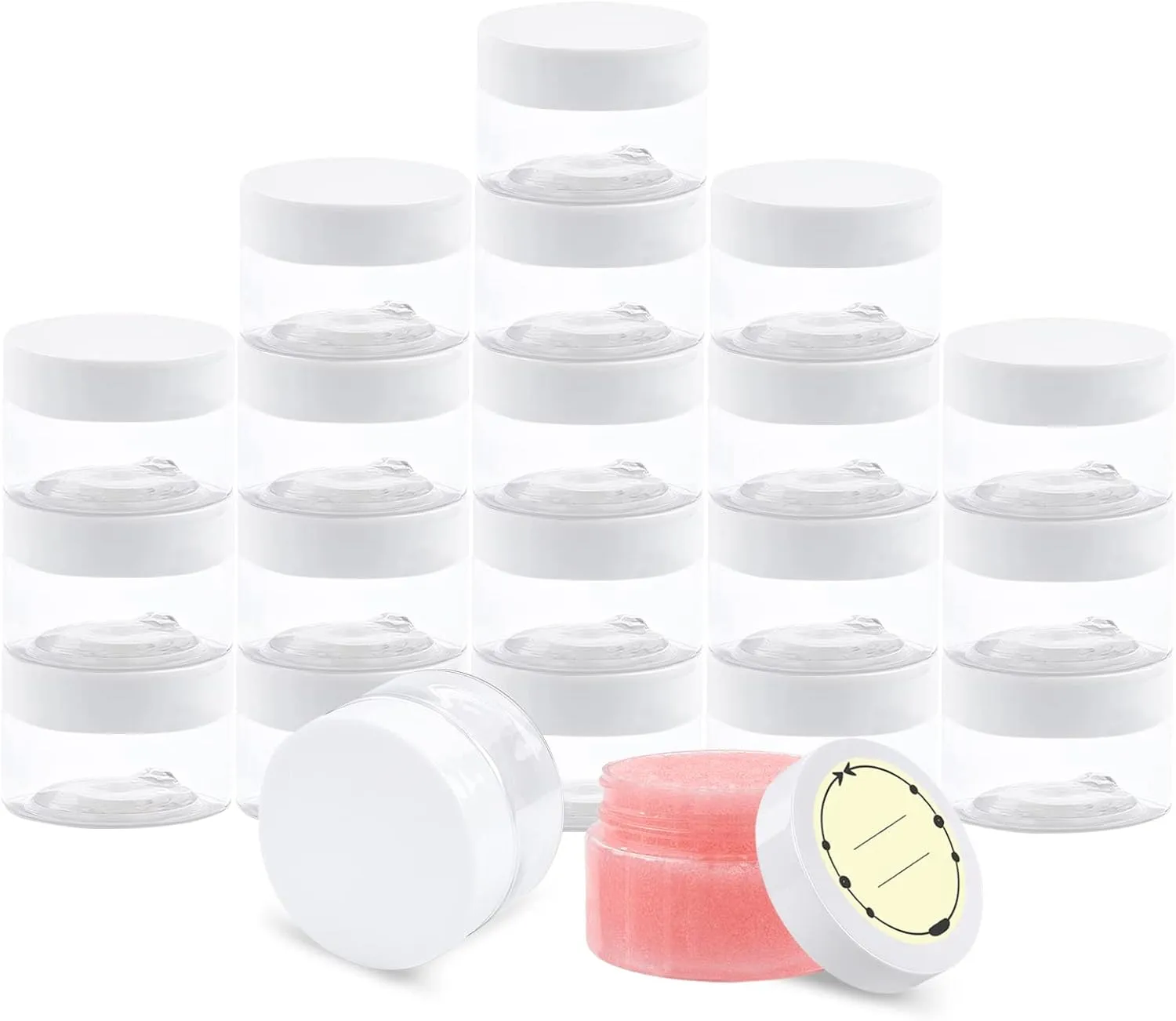 TUZAZO 1 OZ Plastic Jars Round Clear Cosmetic Container Jars with Lids and Labels, 24 Pack Small Plastic Jars for Lotion, Cream, Ointments, Makeup, Glitters, Samples, Travel Storage