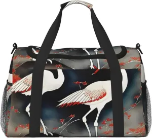 Two Japanese Cranes Flying Traditional Painting Print Travel Hand Travel Bag Weekender Overnight Carry On Tote Foldable Crossbody Bag