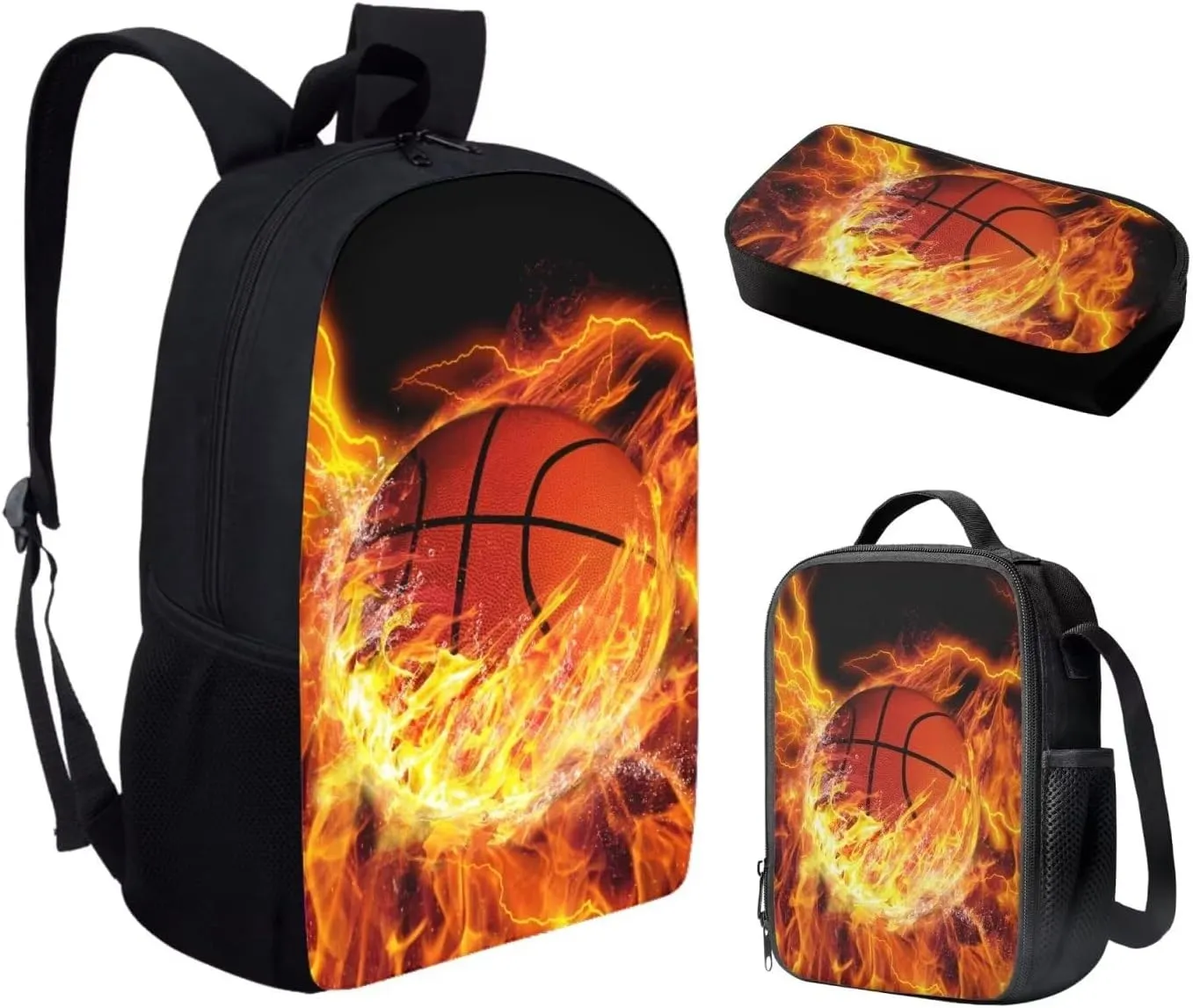 UNICEU 3D Fire Basketball Boys School Bag Set with Lunchbox Pencil Case Large Capacity Insulated Pouch