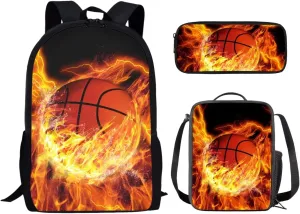 UNICEU 3D Fire Basketball Boys School Bag Set with Lunchbox Pencil Case Large Capacity Insulated Pouch