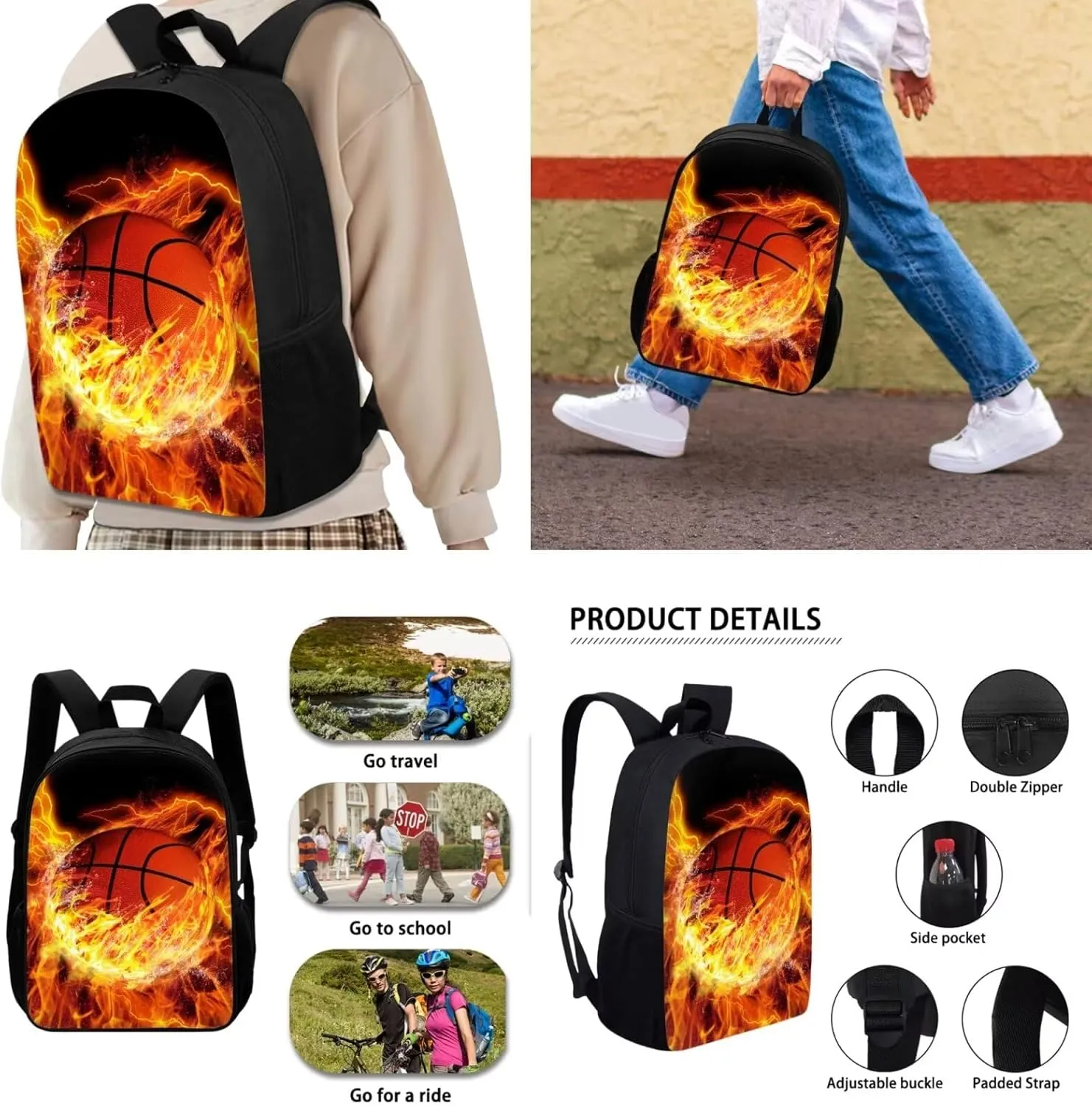 UNICEU 3D Fire Basketball Boys School Bag Set with Lunchbox Pencil Case Large Capacity Insulated Pouch