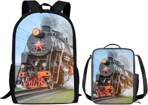 UNICEU Kids School Backpack Personalized Steam Locomotive Print Set 2 Packs with Thermal Lunch Bag Boys Girls Train Bookbag