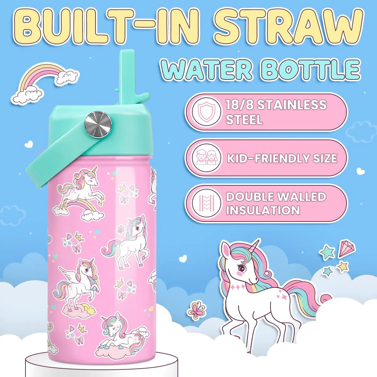 Unicorn Water Bottle - Kids Water Bottle with Straw Lid - 12 Oz Insulated Stainless Steel Water Bottles for Toddlers Kid Girls - Travel Cup for School Sports