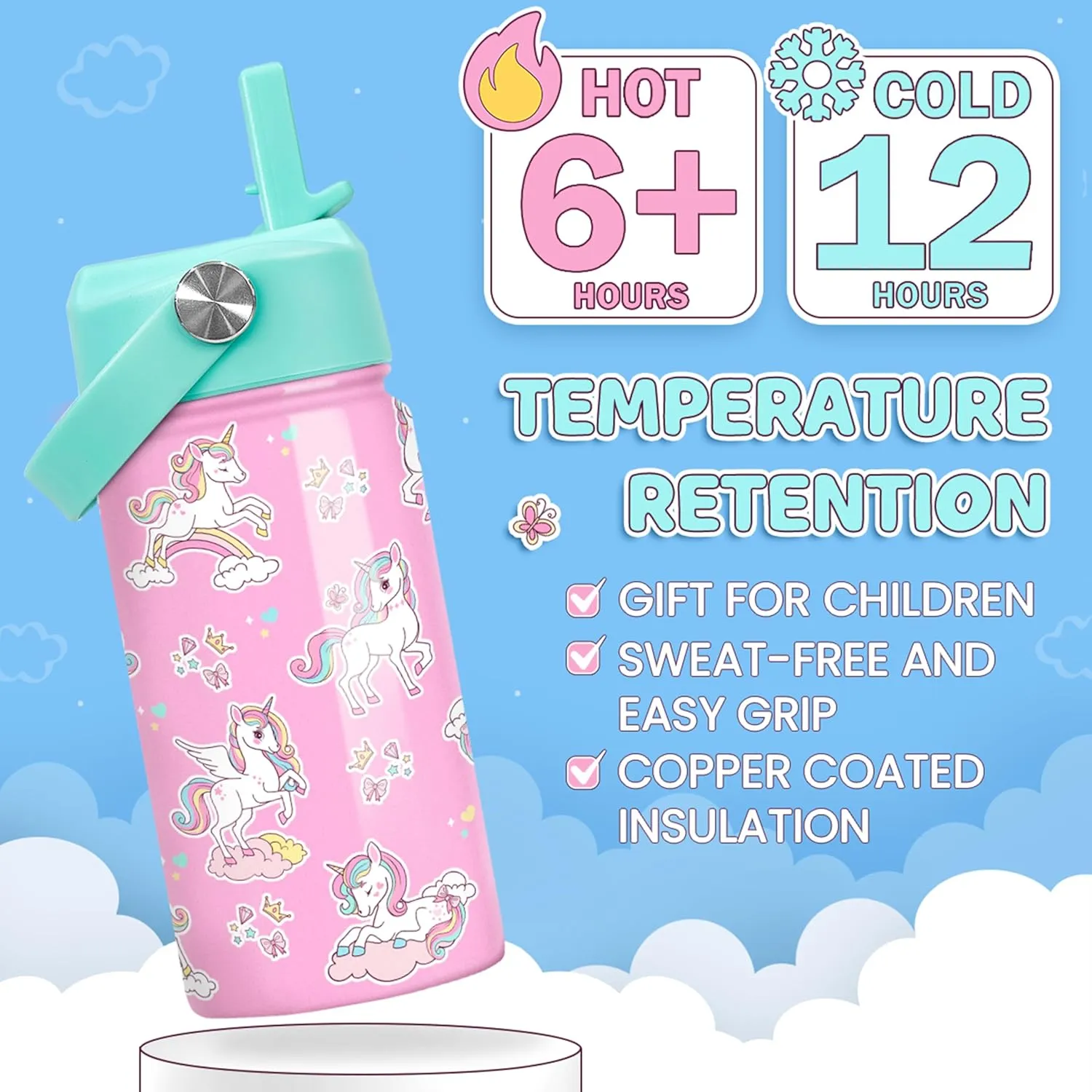 Unicorn Water Bottle - Kids Water Bottle with Straw Lid - 12 Oz Insulated Stainless Steel Water Bottles for Toddlers Kid Girls - Travel Cup for School Sports