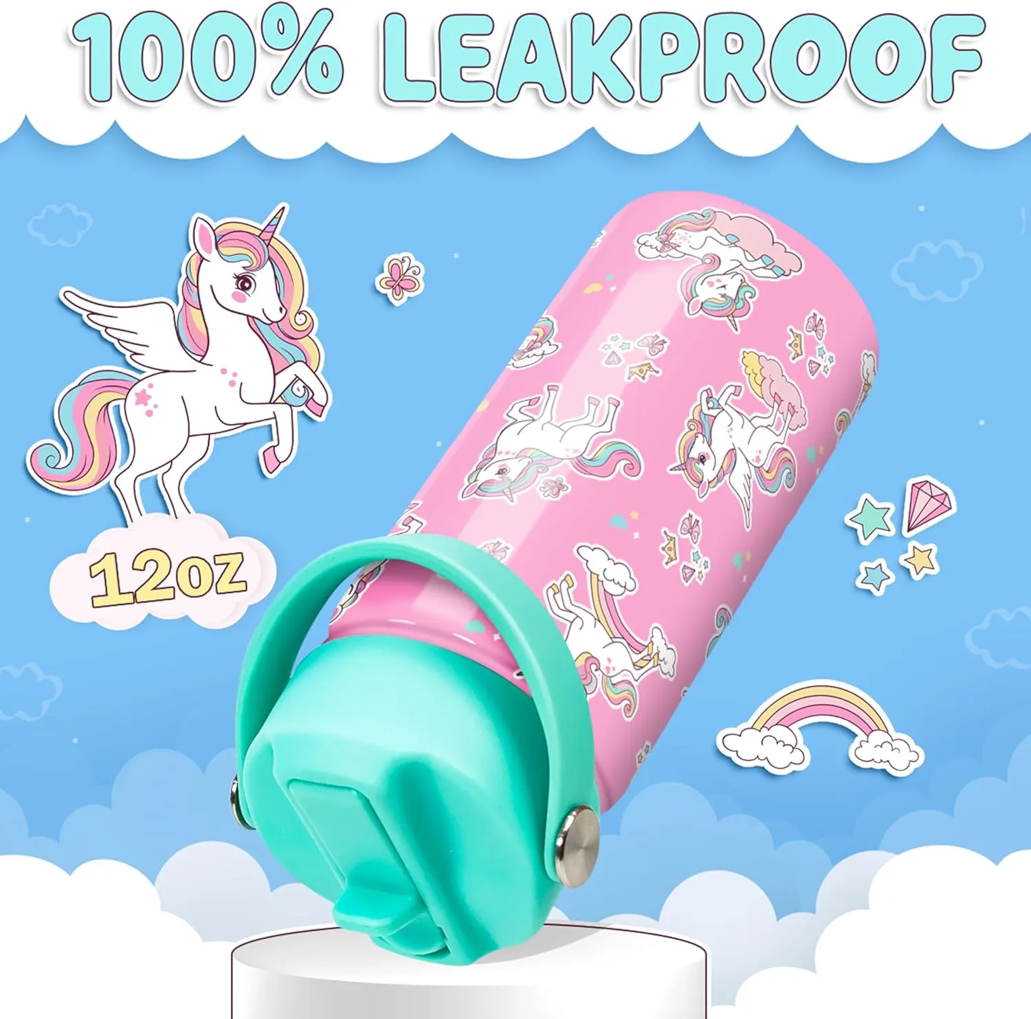 Unicorn Water Bottle - Kids Water Bottle with Straw Lid - 12 Oz Insulated Stainless Steel Water Bottles for Toddlers Kid Girls - Travel Cup for School Sports