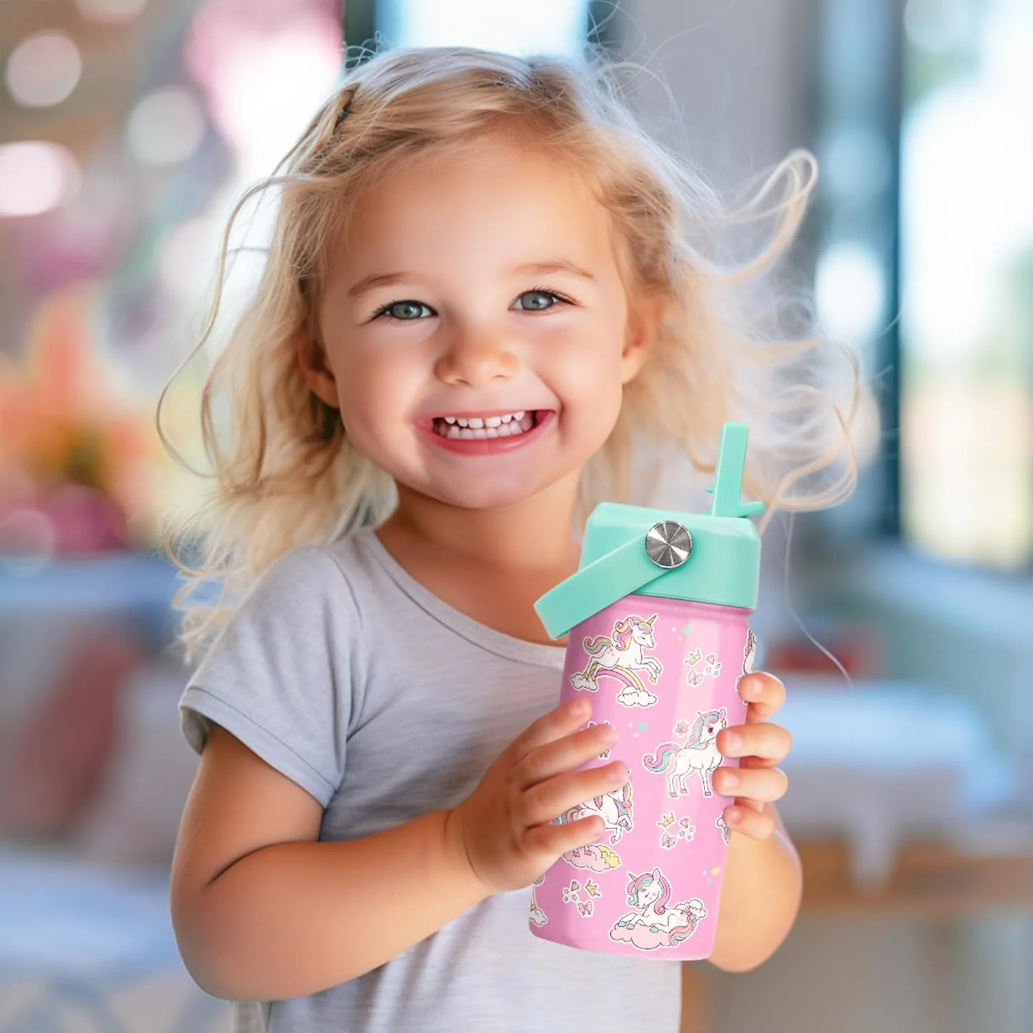 Unicorn Water Bottle - Kids Water Bottle with Straw Lid - 12 Oz Insulated Stainless Steel Water Bottles for Toddlers Kid Girls - Travel Cup for School Sports