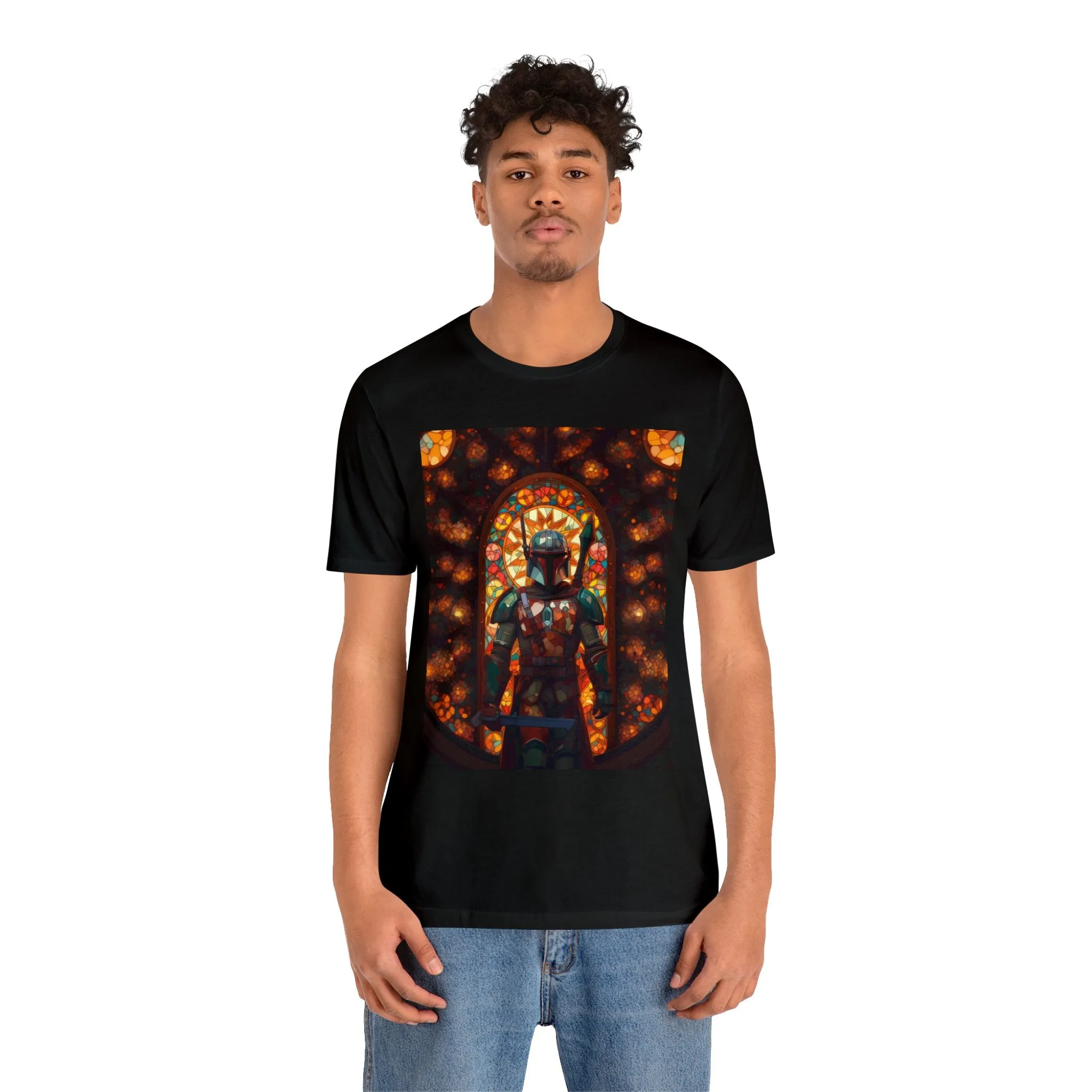 Unisex Jersey Short Sleeve Tee - The Mandalorian Catholic Stained Glass Window