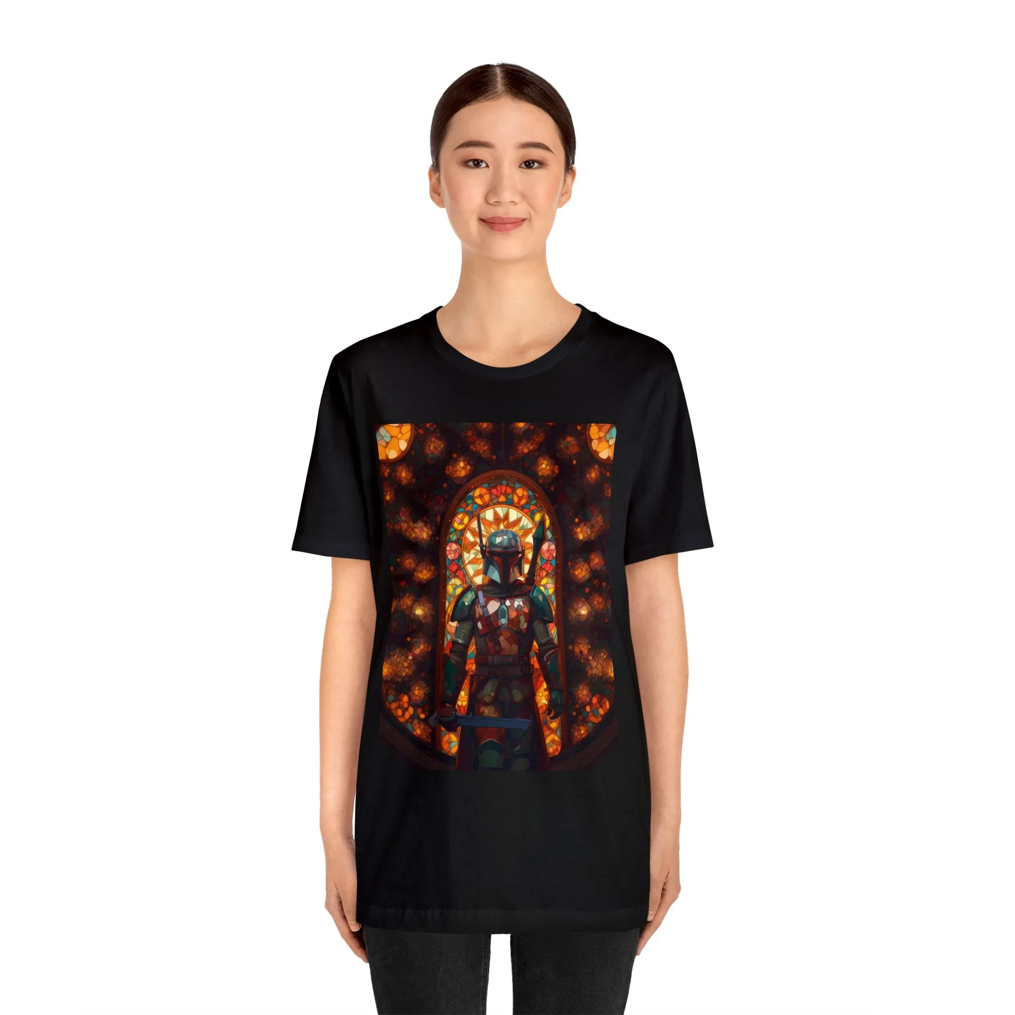 Unisex Jersey Short Sleeve Tee - The Mandalorian Catholic Stained Glass Window
