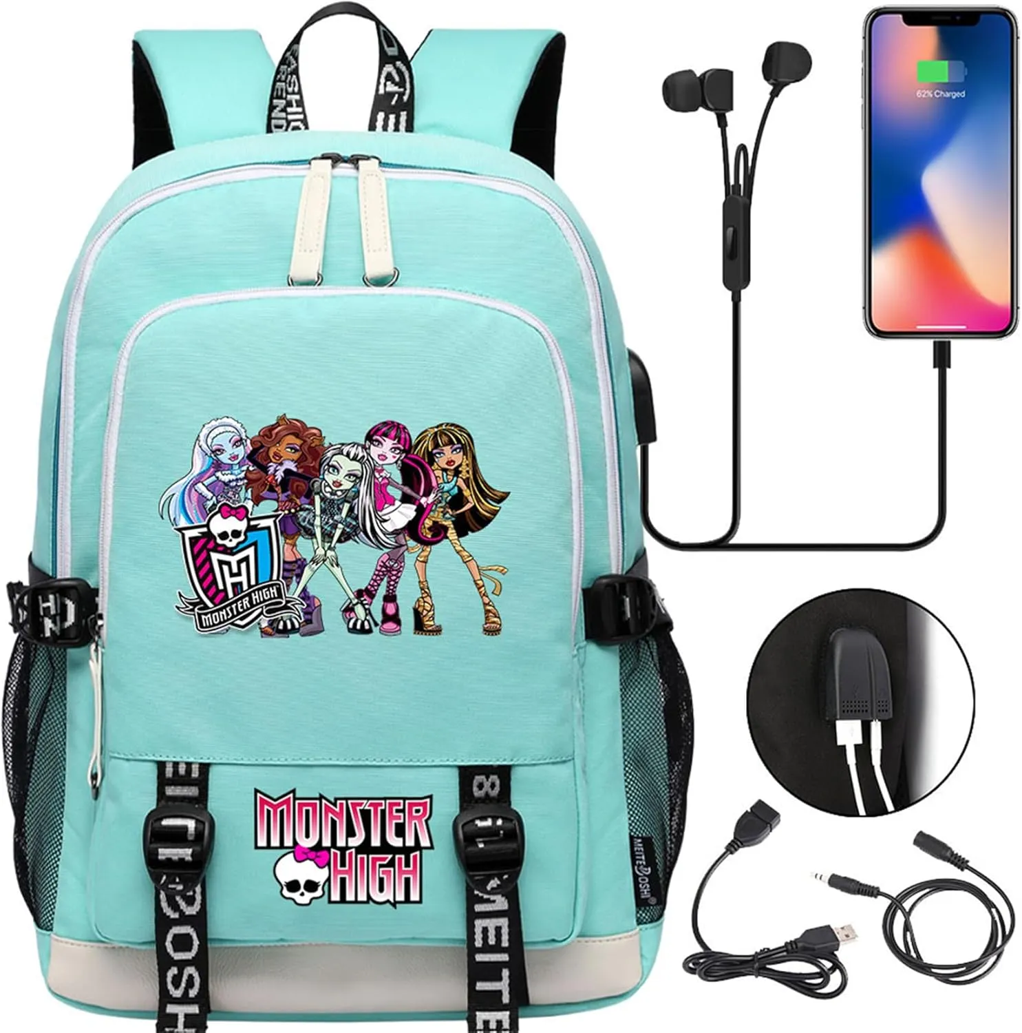 Unisex Monster High Multifunction Backpack Classic Wear Resistant Bagpack Bookbag with USB Charging/Headphone Port