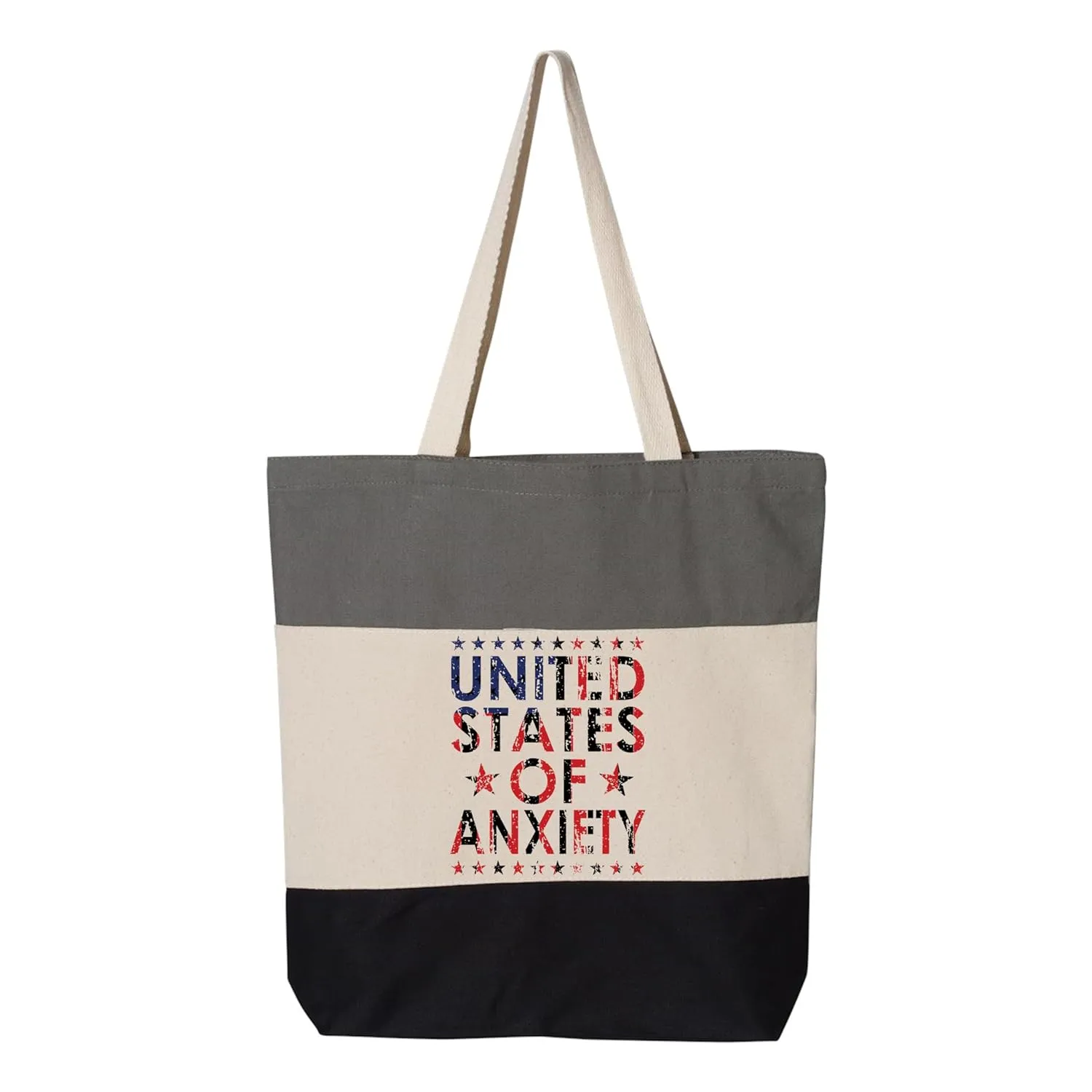United States of Anxiety Bag, Independence Day Gift, (Tri-Color Tote Bag 11L 15"L x 15"H x 3"D 100% cotton. 20" self-fabric handle. 9" handle drop.)