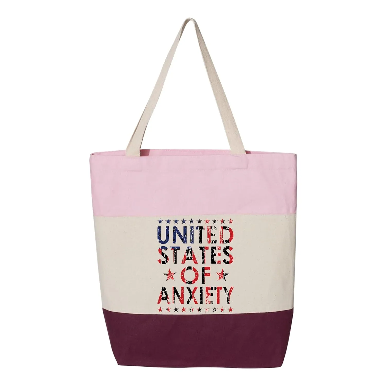 United States of Anxiety Bag, Independence Day Gift, (Tri-Color Tote Bag 11L 15"L x 15"H x 3"D 100% cotton. 20" self-fabric handle. 9" handle drop.)