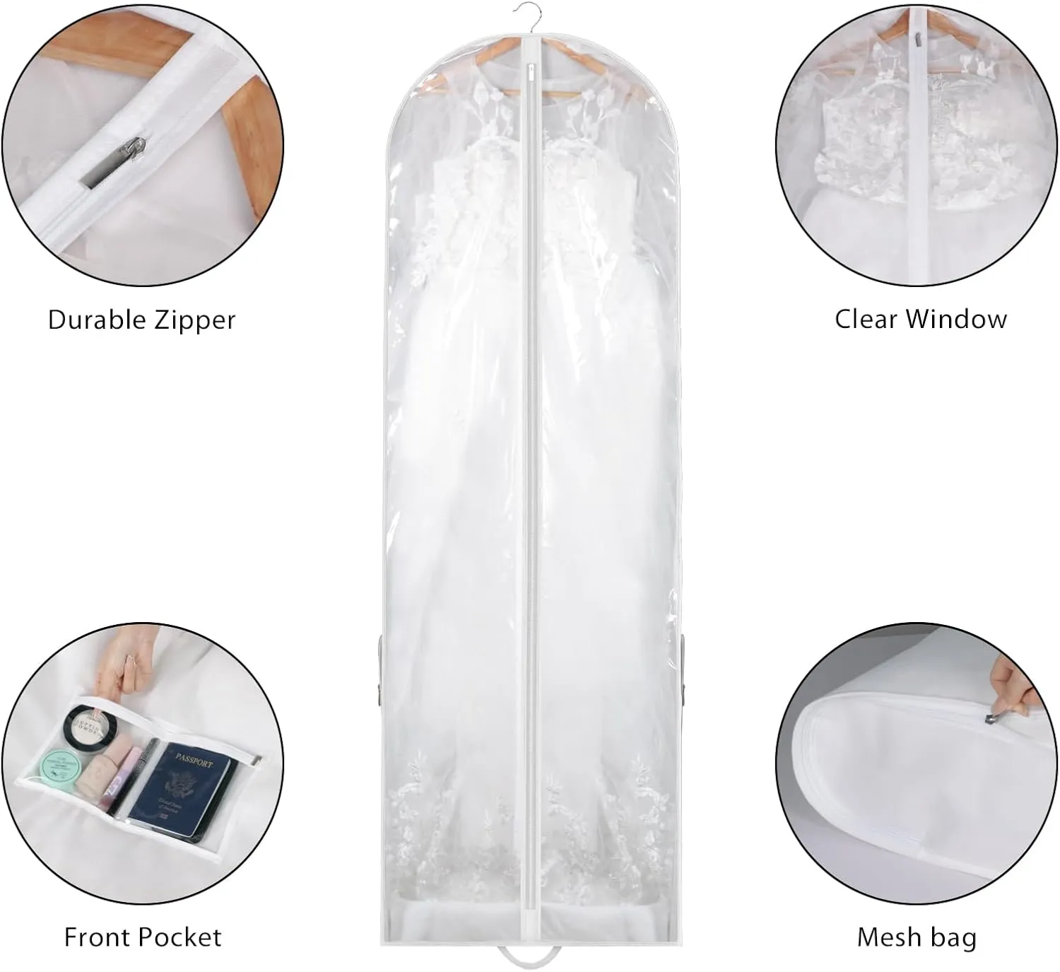 Univivi Wedding Dress Garment Bag, 72" Portable Bridal Dress Bags for Gowns Long, 12'' Gusseted Long Garment Bags with Clear Window and 2 PVC Accessory Pockets for Women, White