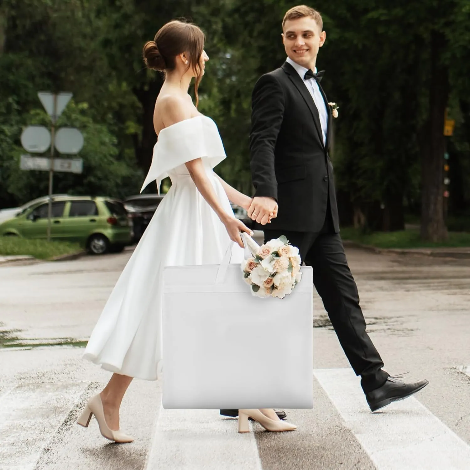 Univivi Wedding Dress Garment Bag, 72" Portable Bridal Dress Bags for Gowns Long, 12'' Gusseted Long Garment Bags with Clear Window and 2 PVC Accessory Pockets for Women, White