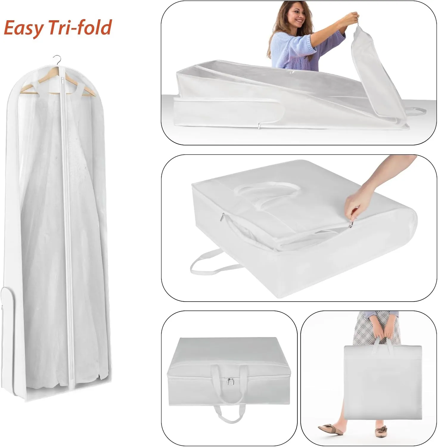 Univivi Wedding Dress Garment Bag, 72" Portable Bridal Dress Bags for Gowns Long, 12'' Gusseted Long Garment Bags with Clear Window and 2 PVC Accessory Pockets for Women, White