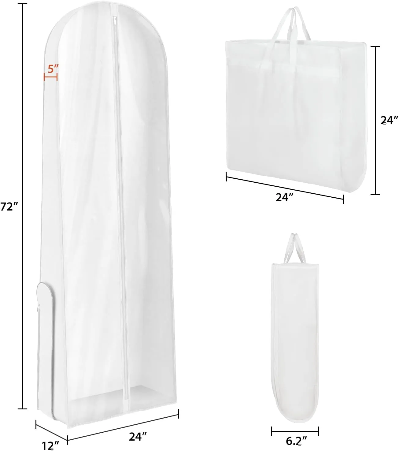 Univivi Wedding Dress Garment Bag, 72" Portable Bridal Dress Bags for Gowns Long, 12'' Gusseted Long Garment Bags with Clear Window and 2 PVC Accessory Pockets for Women, White