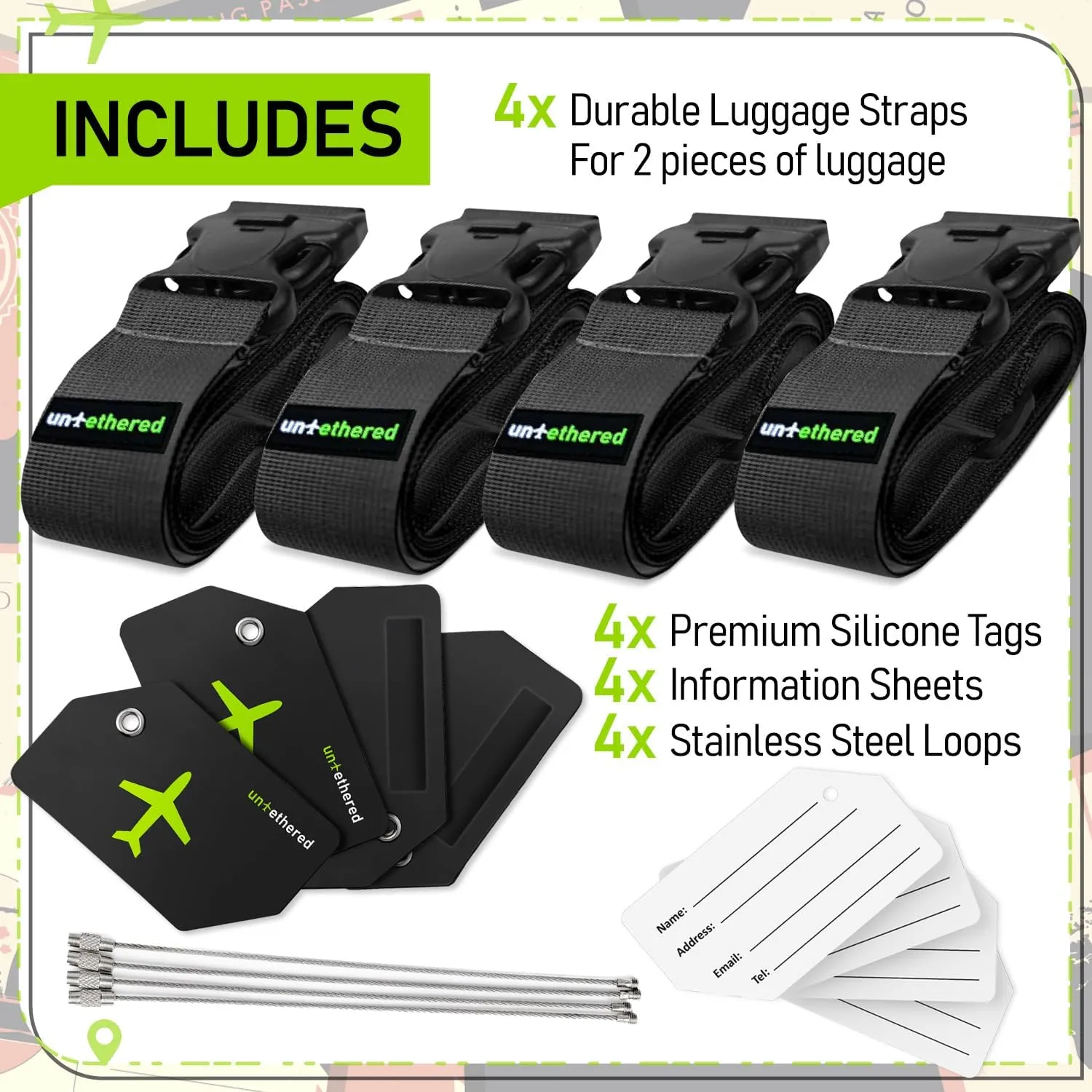 Untethered Ultimate Travel Set: 4 Premium Luggage Straps and 4 Silicone Tags - Secure & Identify Your Bags with Ease (Black   Tags)