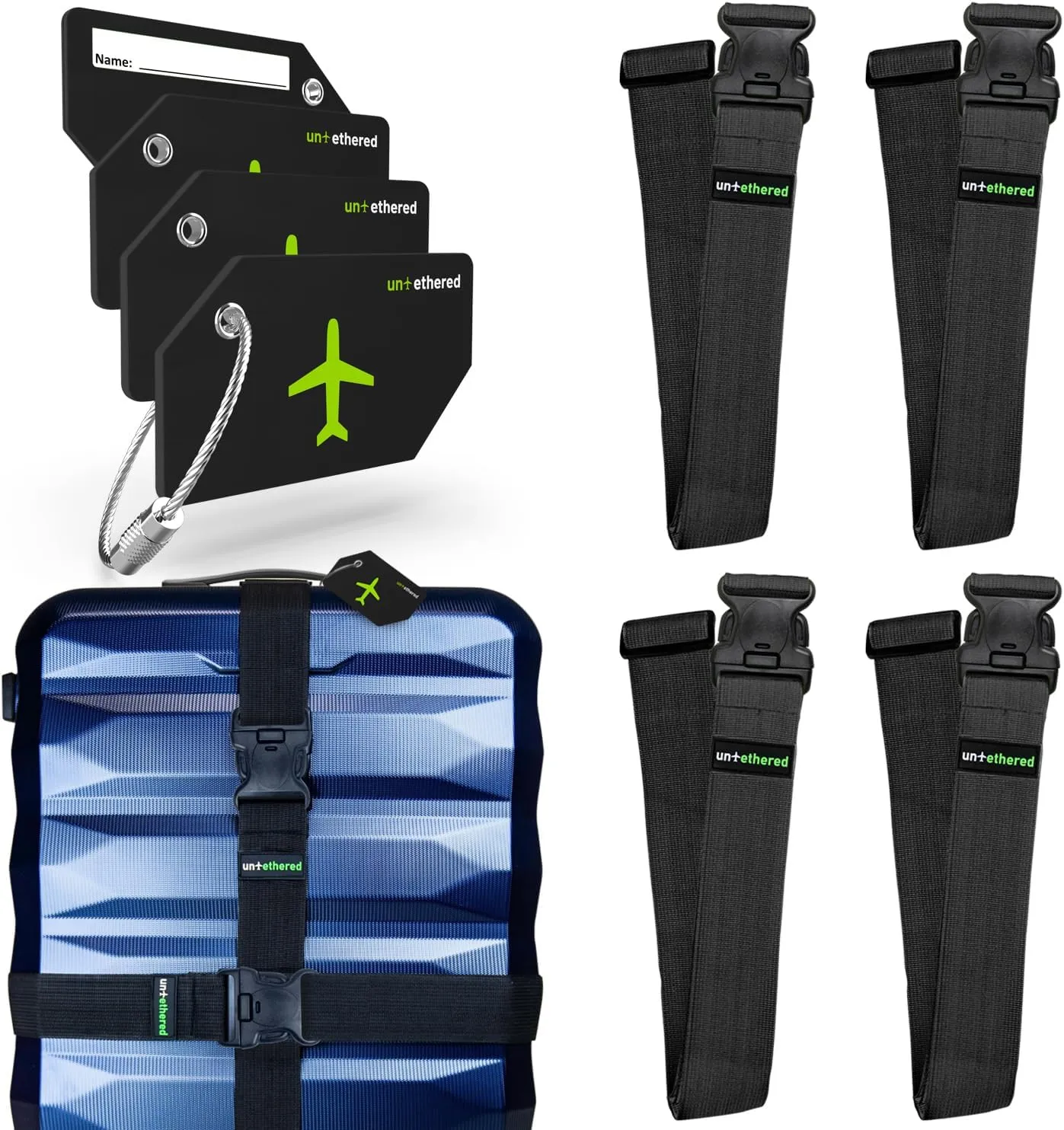 Untethered Ultimate Travel Set: 4 Premium Luggage Straps and 4 Silicone Tags - Secure & Identify Your Bags with Ease (Black   Tags)