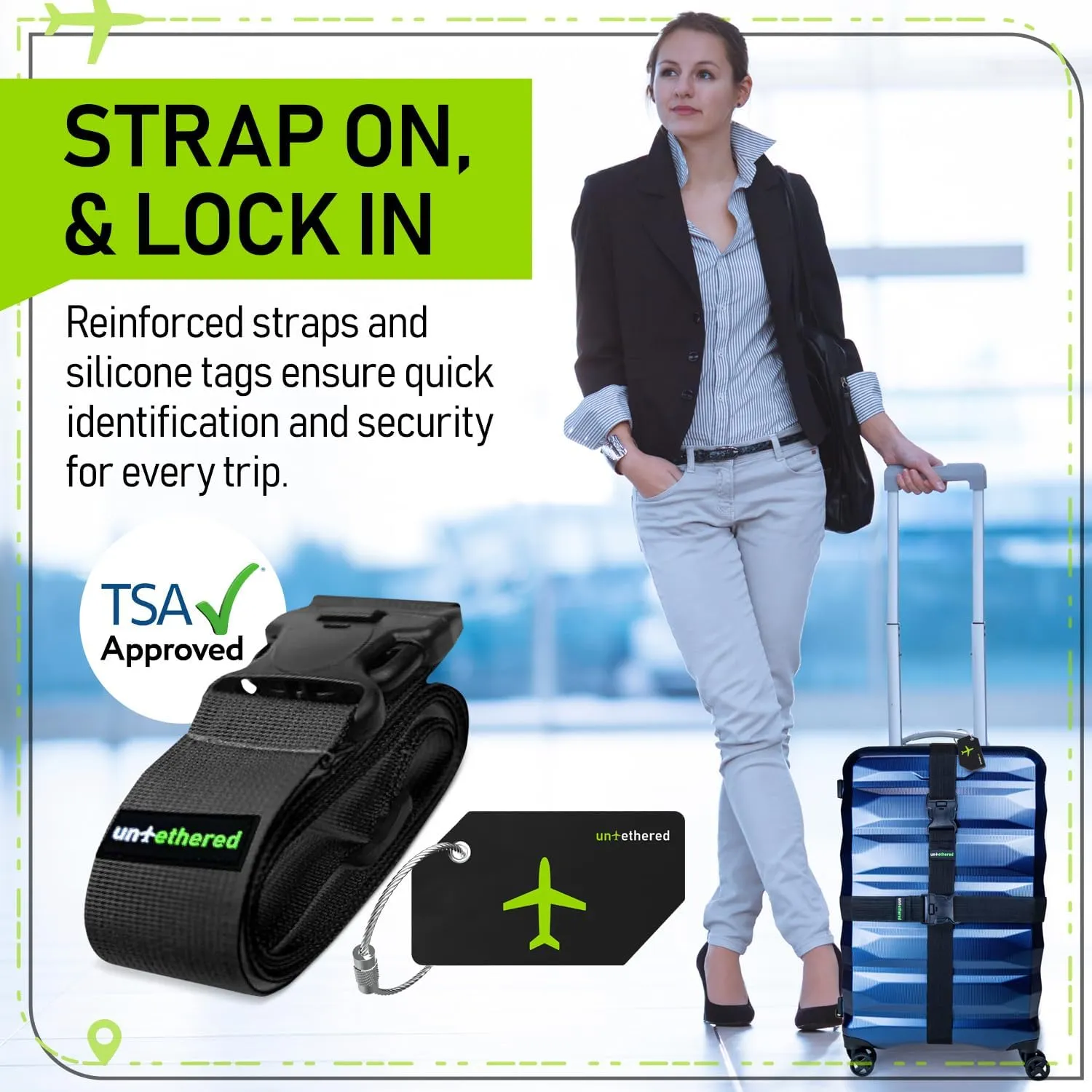 Untethered Ultimate Travel Set: 4 Premium Luggage Straps and 4 Silicone Tags - Secure & Identify Your Bags with Ease (Black   Tags)