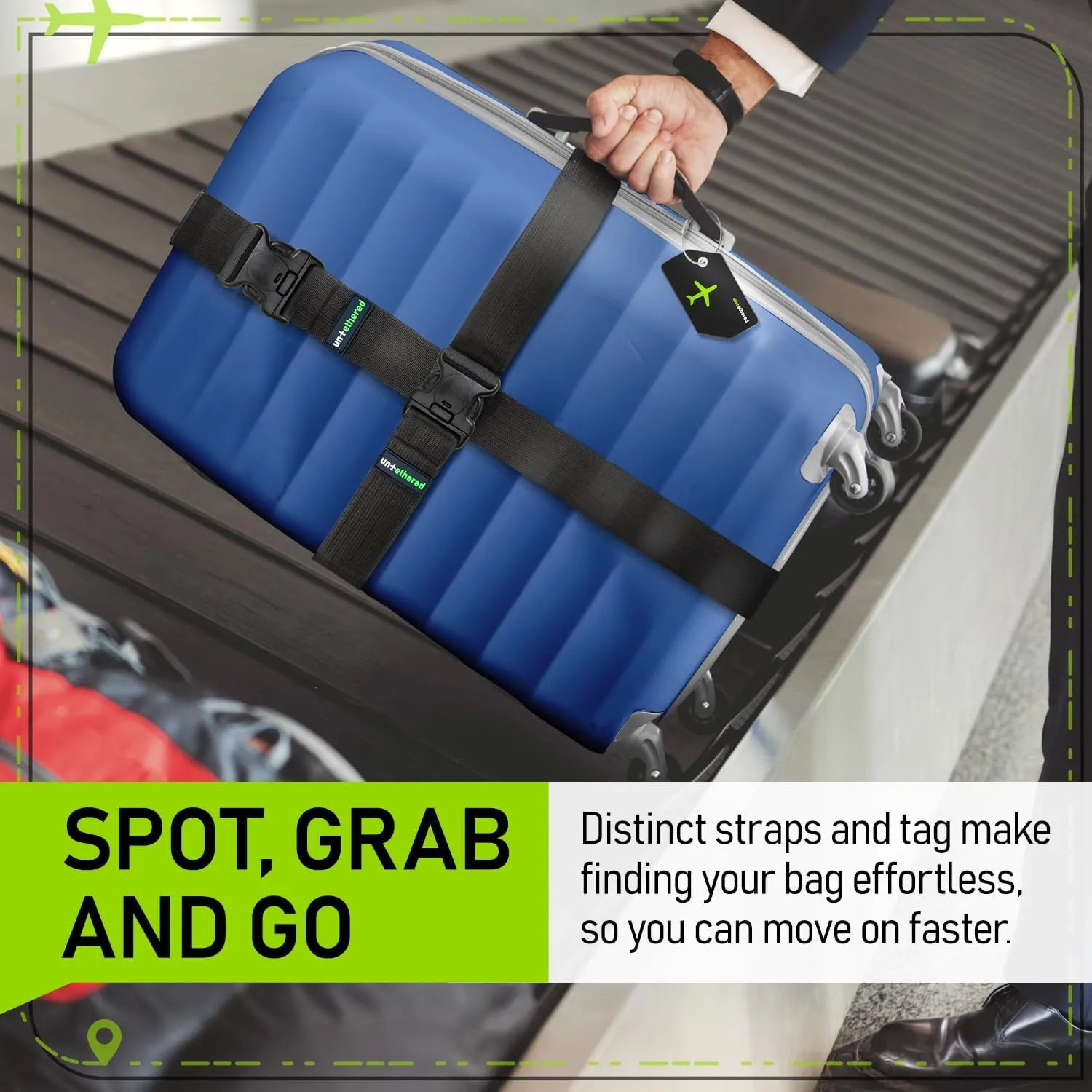 Untethered Ultimate Travel Set: 4 Premium Luggage Straps and 4 Silicone Tags - Secure & Identify Your Bags with Ease (Black   Tags)