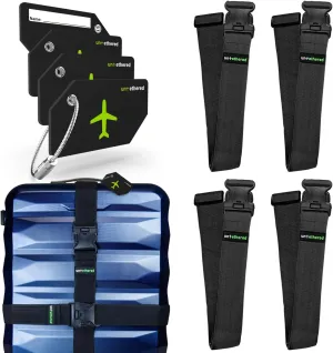 Untethered Ultimate Travel Set: 4 Premium Luggage Straps and 4 Silicone Tags - Secure & Identify Your Bags with Ease (Black   Tags)