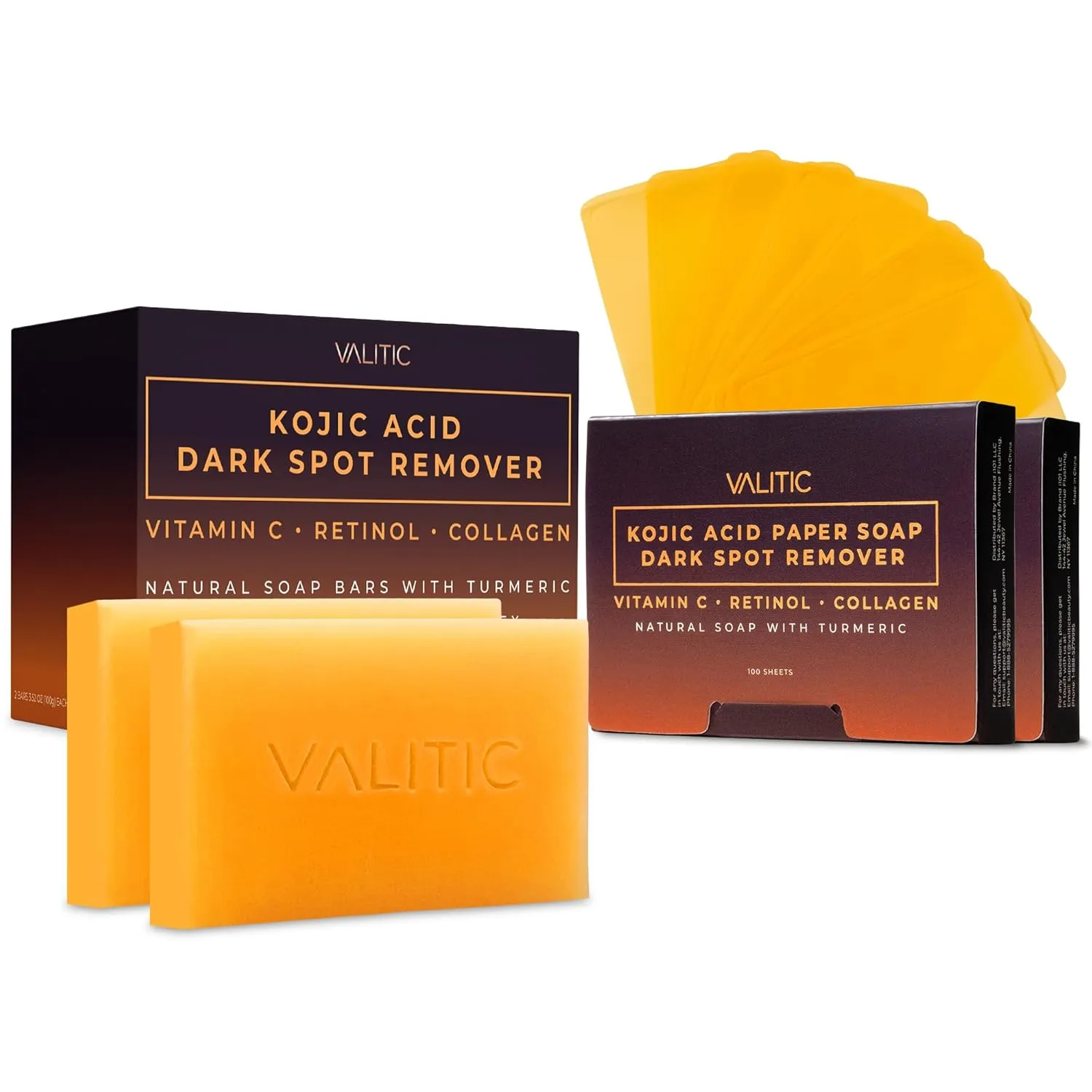 VALITIC Kojic Acid and Turmeric Dark Spot Corrector Soap – Skin Care Cleansing Duo - 2 Soap Bars and 200 Melting Paper Sheets - Infused with Vitamin C, Retinol and Collagen