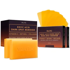 VALITIC Kojic Acid and Turmeric Dark Spot Corrector Soap – Skin Care Cleansing Duo - 2 Soap Bars and 200 Melting Paper Sheets - Infused with Vitamin C, Retinol and Collagen
