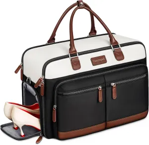 Vancropak Travel Duffle Bag with Laptop Compartment, Airline Large Weekender Bags for Women, Carry On Overnight Tote with Shoe Compartment & Packing Cubes, Gym Hospital with Wet Pocket, Black Beige