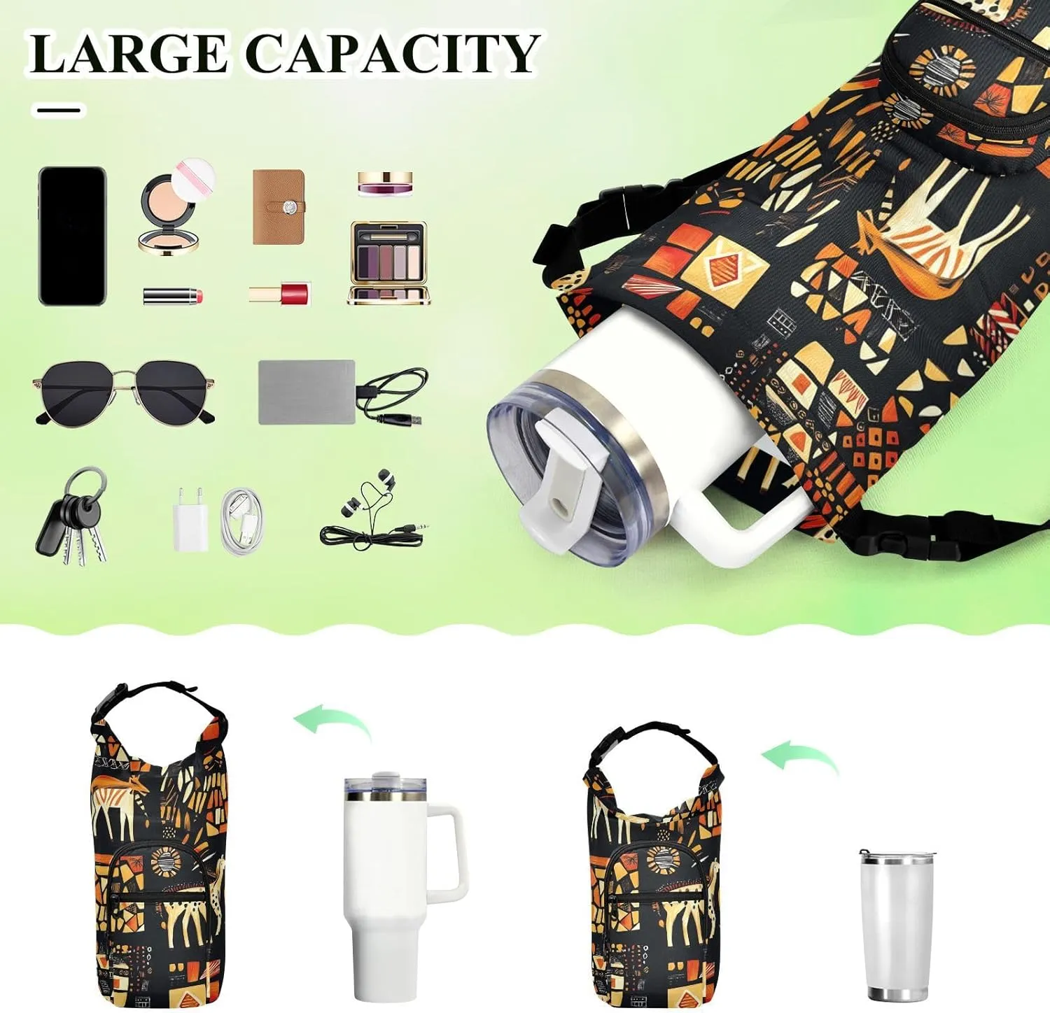 Versatile Insulated Water Bottle Bag, Fits 20oz-40oz Bottles, Lightweight & Adjustable for Commuting, Travel, Hiking & Outdoor Adventures, Primitive Totem (4)