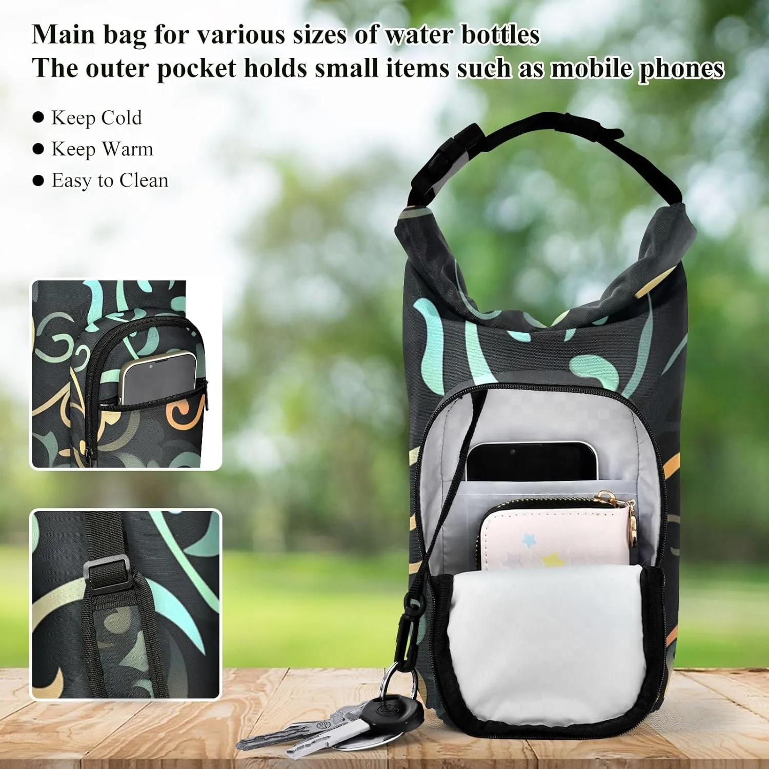Versatile Insulated Water Bottle Bag, Fits 20oz-40oz Bottles, Lightweight & Adjustable for Commuting, Travel, Hiking & Outdoor Adventures, Reed Pattern (13)