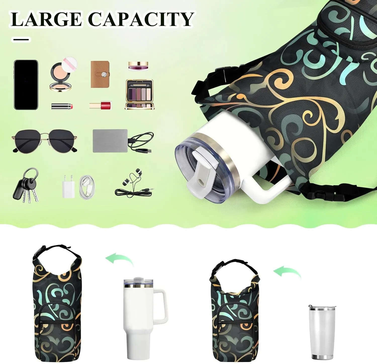 Versatile Insulated Water Bottle Bag, Fits 20oz-40oz Bottles, Lightweight & Adjustable for Commuting, Travel, Hiking & Outdoor Adventures, Reed Pattern (13)