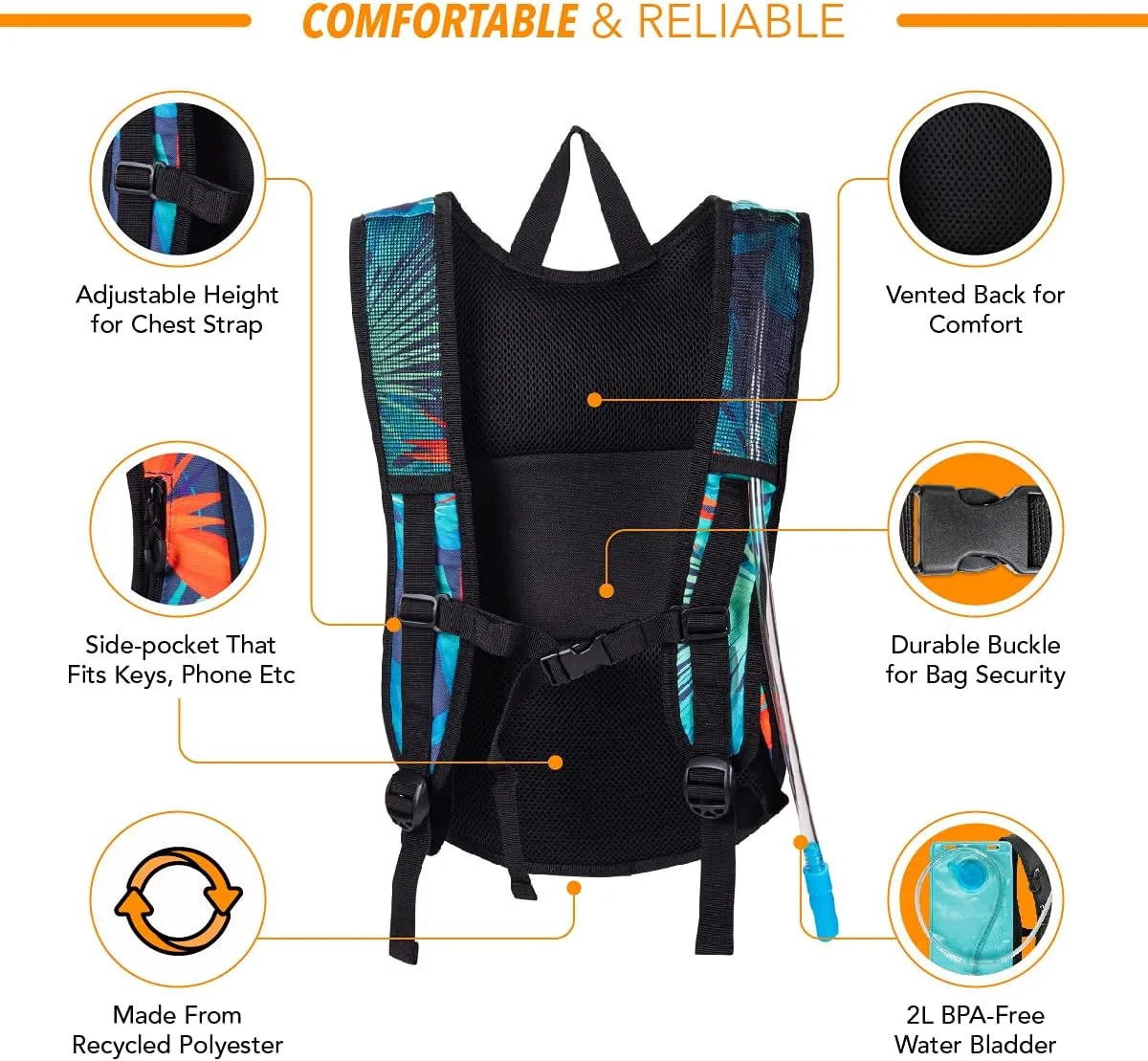 Vibe Festival Gear Hydration Pack Backpack with 2L Water Bladder for Women, Men, Teens, Kids - Hydropack Hydro Sports, Outdoor, Running, Camping, Hiking, Festivals, Raves