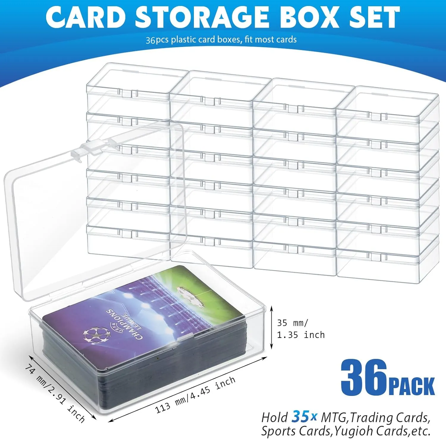 Vicenpal 36 Pcs Playing Card Boxes Clear Plastic Deck Cases Trading Card Storage Boxes Compatible with MTG TCG 100 Game Cases Holder 4.45 x 2.91 x 1.35 Inch