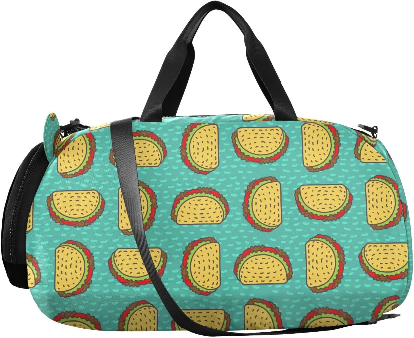 VIGTRO Taco Drawing Background Boys Girls Sports Travel Duffel Bags with Shoes Compartment, Weekender Overnight Gym Bag for Swimming, Dancing, Outing
