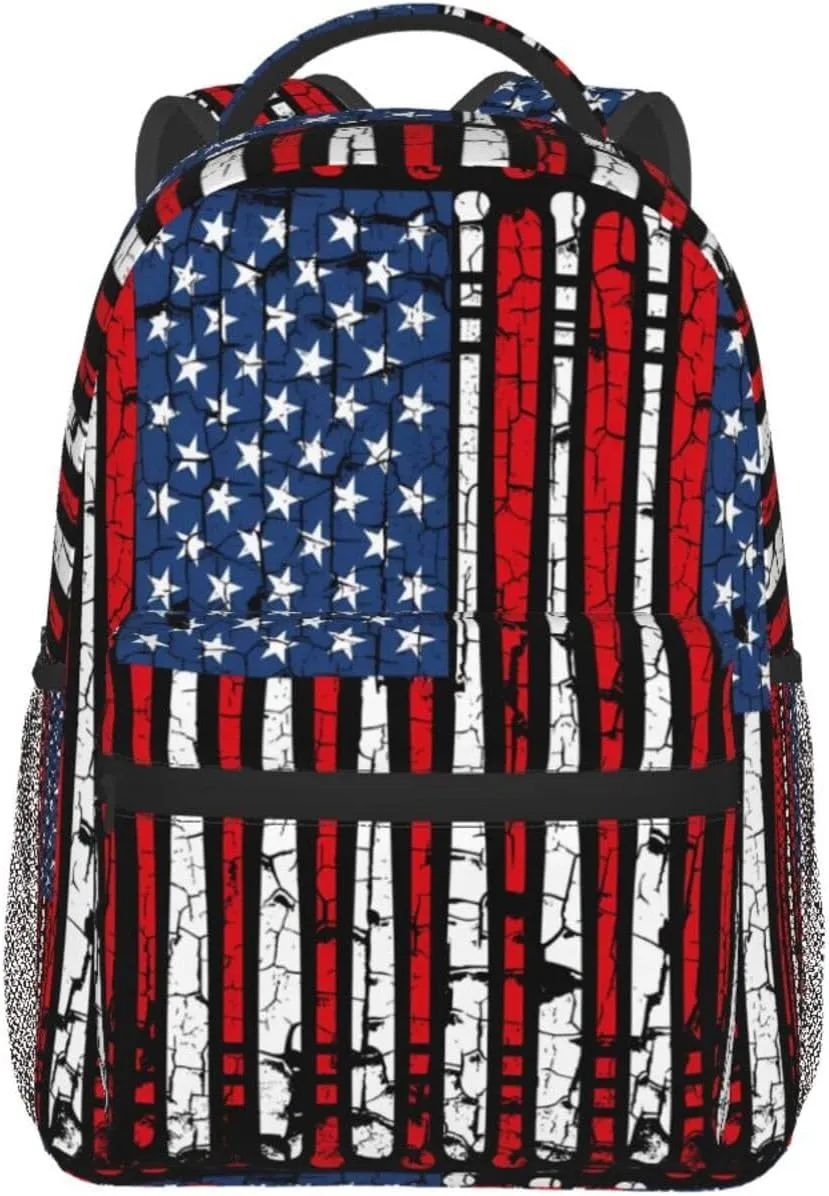 Vintage Baseball American Flag Backpack Casual Pack Bag Laptop Backpack With Side Pocket Front Zipper Pocket Bookpack Travel Daypack Picnic Rucksack