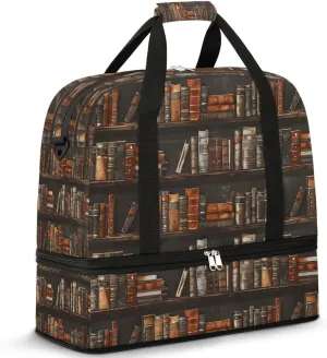 Vintage Bookshelf Foldable Travel Duffel Bag Overnight Weekender Bags with Shoes Compartment Sports Gym Bags for Men Women