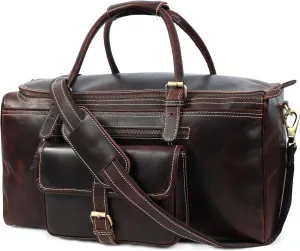 Vintage Leather Duffel Bag, Travel Weekender Bag with Front Pocket, Dark Brown