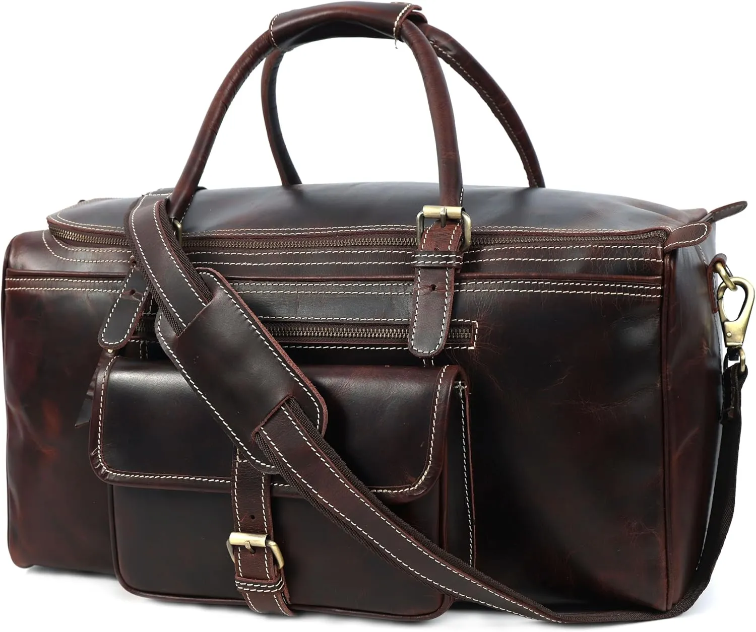 Vintage Leather Duffel Bag, Travel Weekender Bag with Front Pocket, Dark Brown