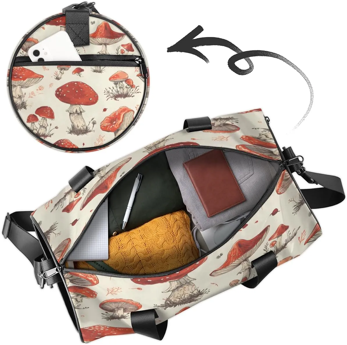 Vintage Mushroom Custom Duffel Bags Weekender Bags Custom Sport Duffel Bag Carry on Overnight Weekender Bag