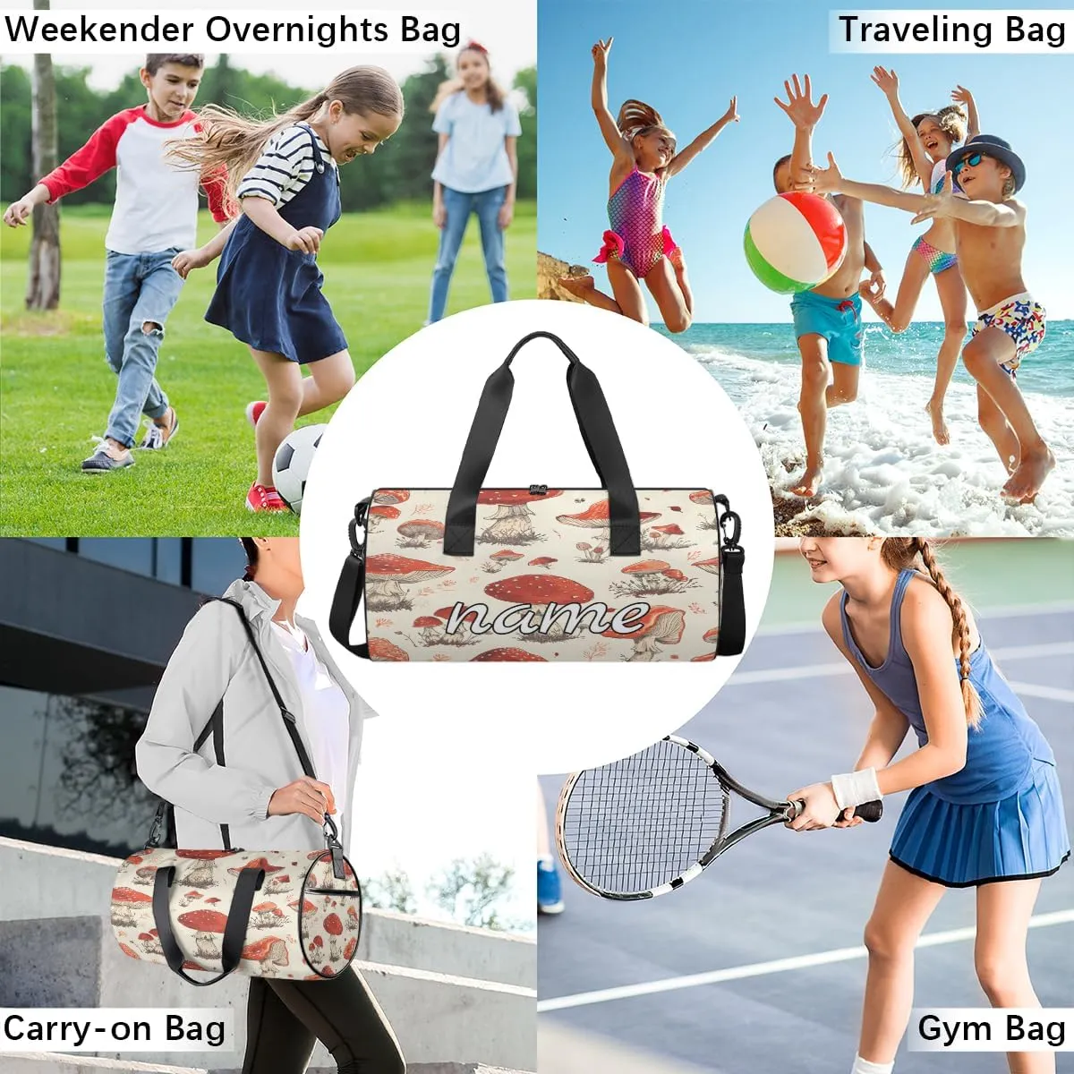 Vintage Mushroom Custom Duffel Bags Weekender Bags Custom Sport Duffel Bag Carry on Overnight Weekender Bag