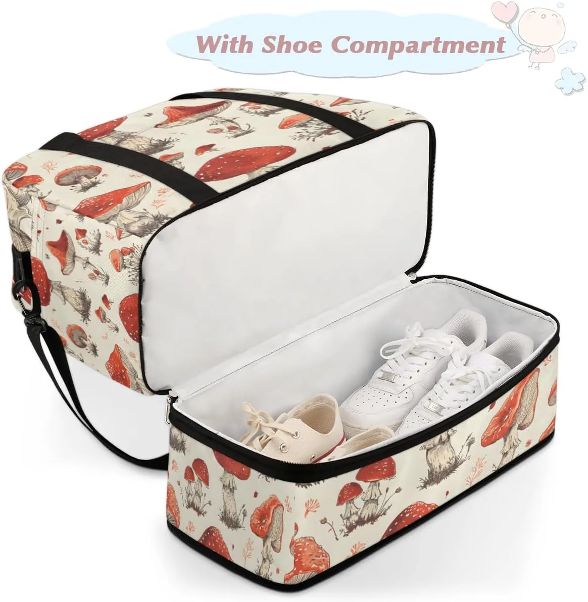 Vintage Mushroom Foldable Duffle Bag with Shoes Compartment Large Capacity Waterproof Travel Weekender Bag Overnight Bag for Sports Gym