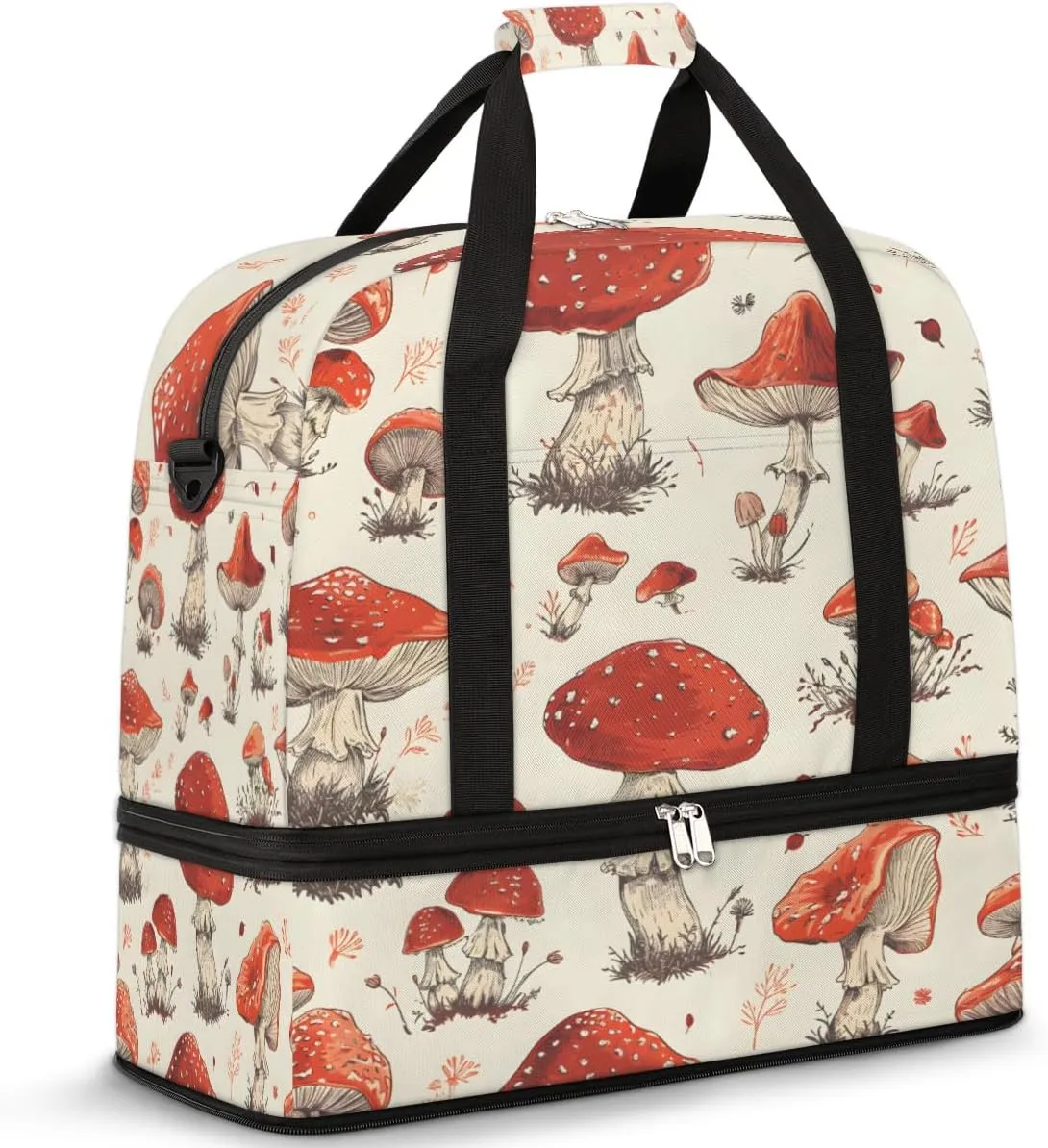 Vintage Mushroom Foldable Duffle Bag with Shoes Compartment Large Capacity Waterproof Travel Weekender Bag Overnight Bag for Sports Gym
