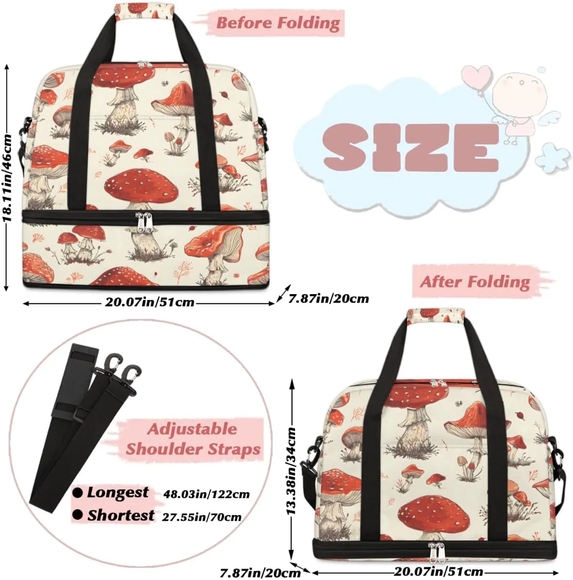 Vintage Mushroom Foldable Duffle Bag with Shoes Compartment Large Capacity Waterproof Travel Weekender Bag Overnight Bag for Sports Gym