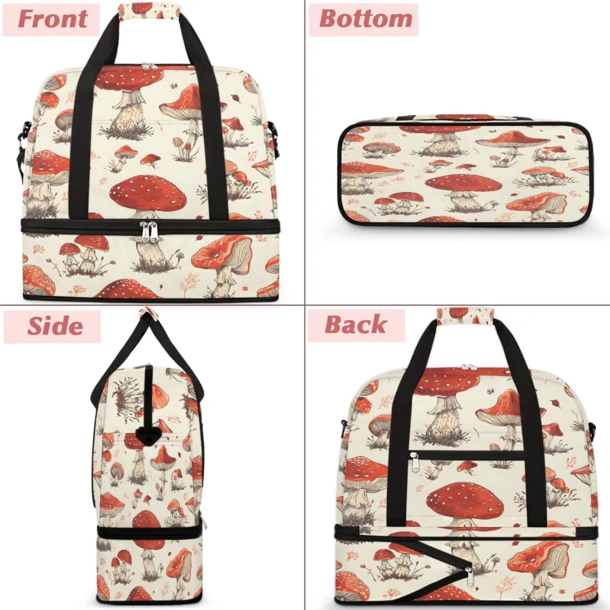Vintage Mushroom Foldable Duffle Bag with Shoes Compartment Large Capacity Waterproof Travel Weekender Bag Overnight Bag for Sports Gym