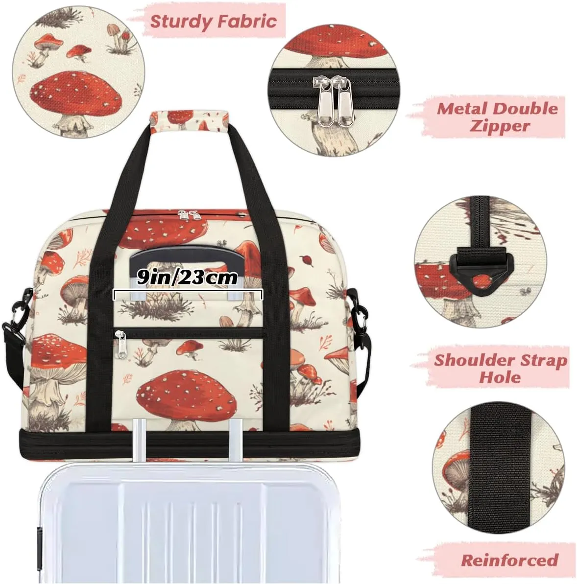 Vintage Mushroom Foldable Duffle Bag with Shoes Compartment Large Capacity Waterproof Travel Weekender Bag Overnight Bag for Sports Gym
