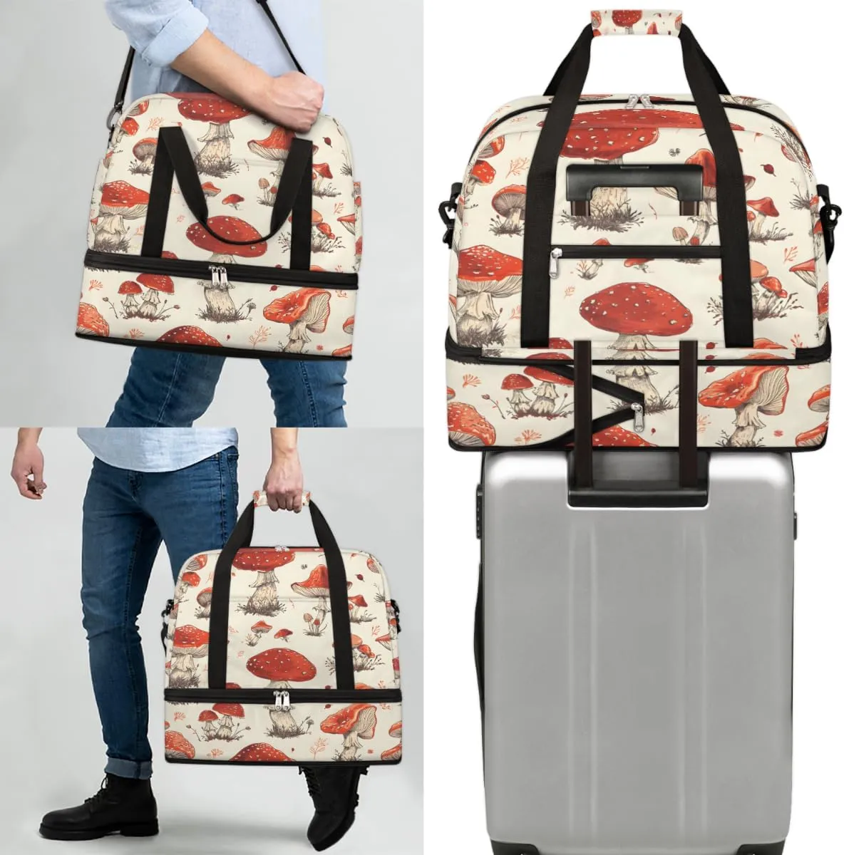 Vintage Mushroom Foldable Duffle Bag with Shoes Compartment Large Capacity Waterproof Travel Weekender Bag Overnight Bag for Sports Gym