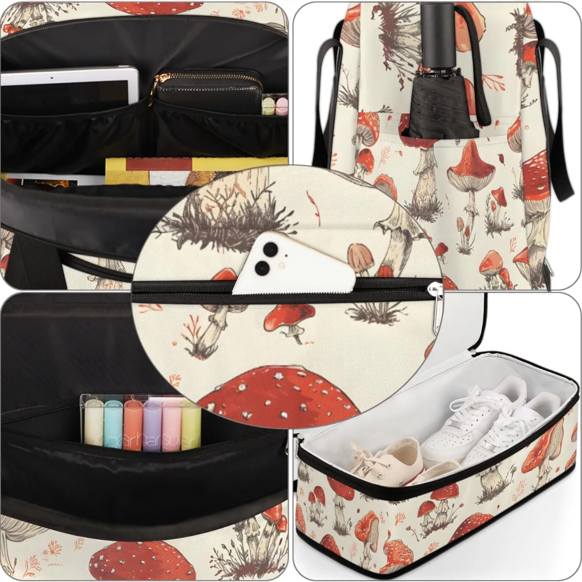 Vintage Mushroom Foldable Duffle Bag with Shoes Compartment Large Capacity Waterproof Travel Weekender Bag Overnight Bag for Sports Gym