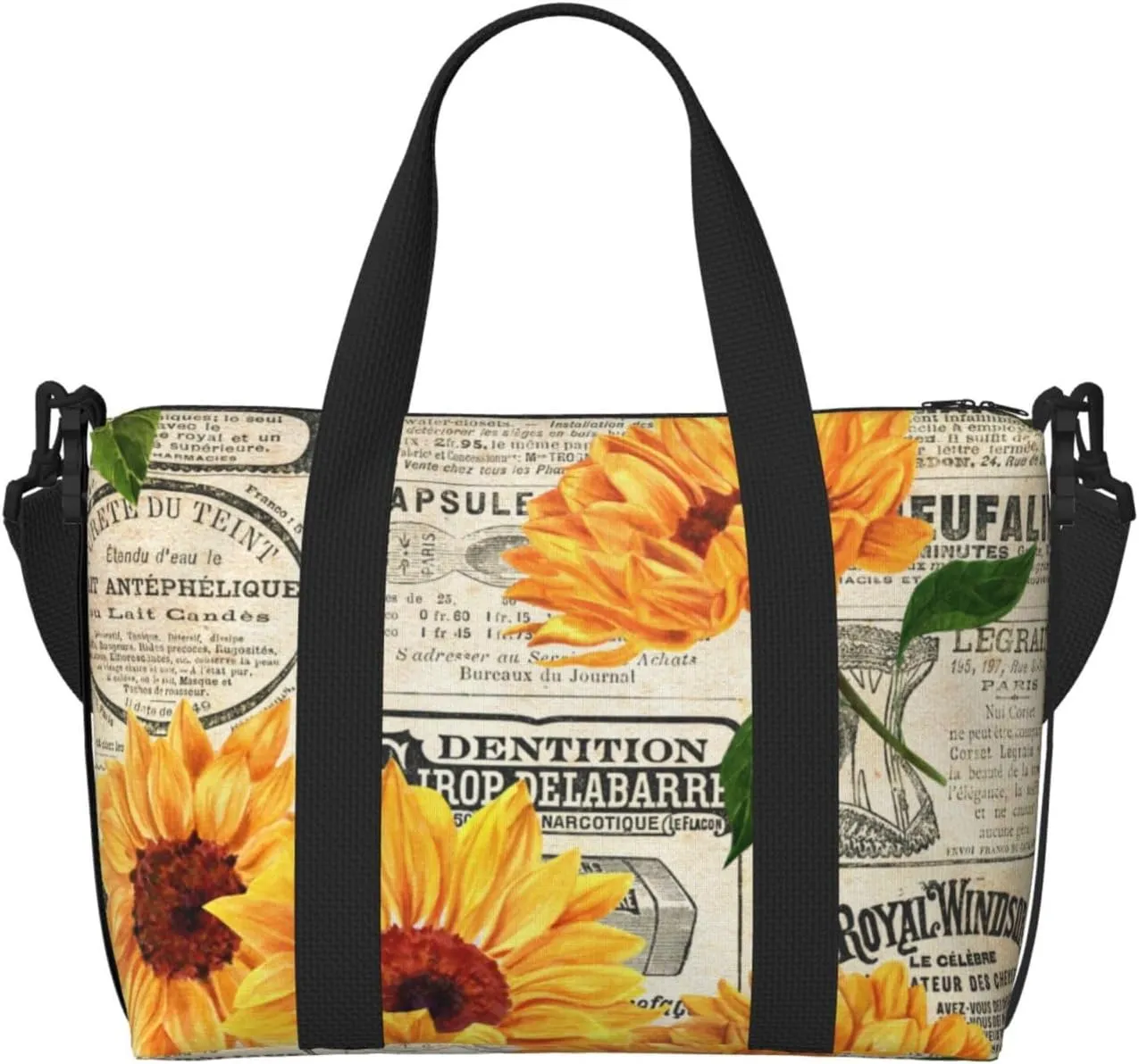 Vintage Newspaper Sunflower Travel Bag, Retro French Magazine Weekender Overnight Bag, Shoulder Travel Duffel Bag Carry On Gym Bag for Women Men