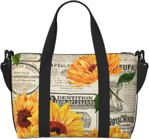 Vintage Newspaper Sunflower Travel Bag, Retro French Magazine Weekender Overnight Bag, Shoulder Travel Duffel Bag Carry On Gym Bag for Women Men