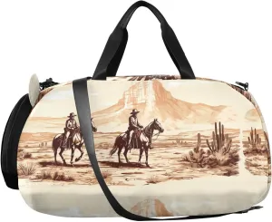 Vintage Western Cowboy Kids Overnight Duffle Bag,Gymnastics Sports Dance Bag with Shoe Compartment & Wet Pocket, Travel Weekender Tote for Boys & Girls