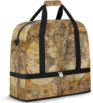 Vintage World Map Travel Duffle Bag, Sports Gym Bag with Shoes Compartment Weekender Bag Overnight Bag for Women Men